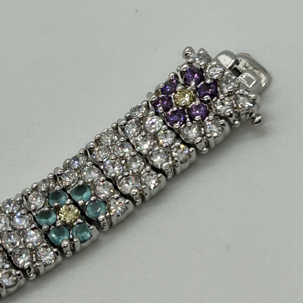 Vintage Rhinestone Tennis Bracelet Multicolor Flower Design W/ Safety Clasp 7.5" - Picture 7 of 16